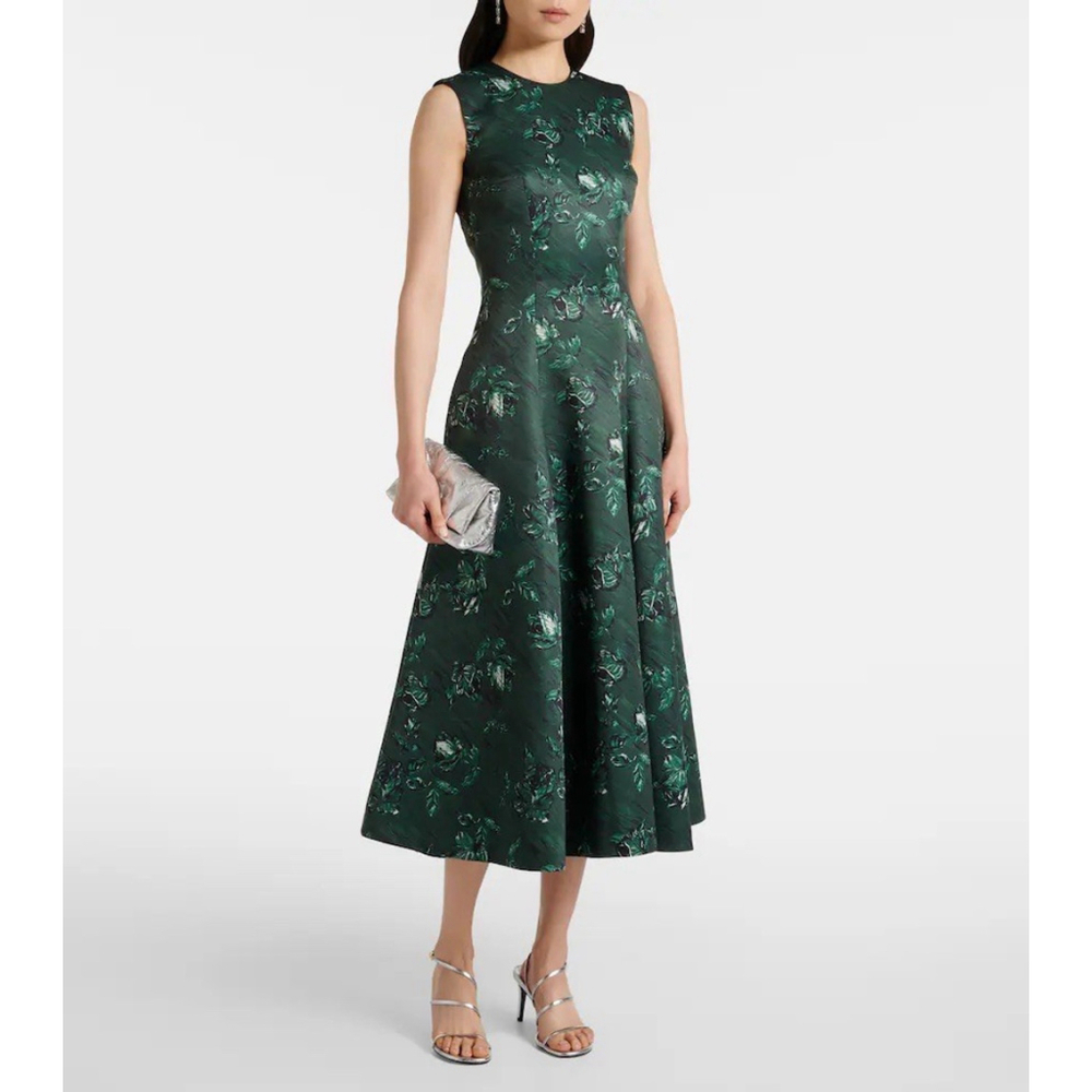 Emilia Wickstead Mara Dress UK 12 US 8 Green Roses Marble Print Taffeta Faille